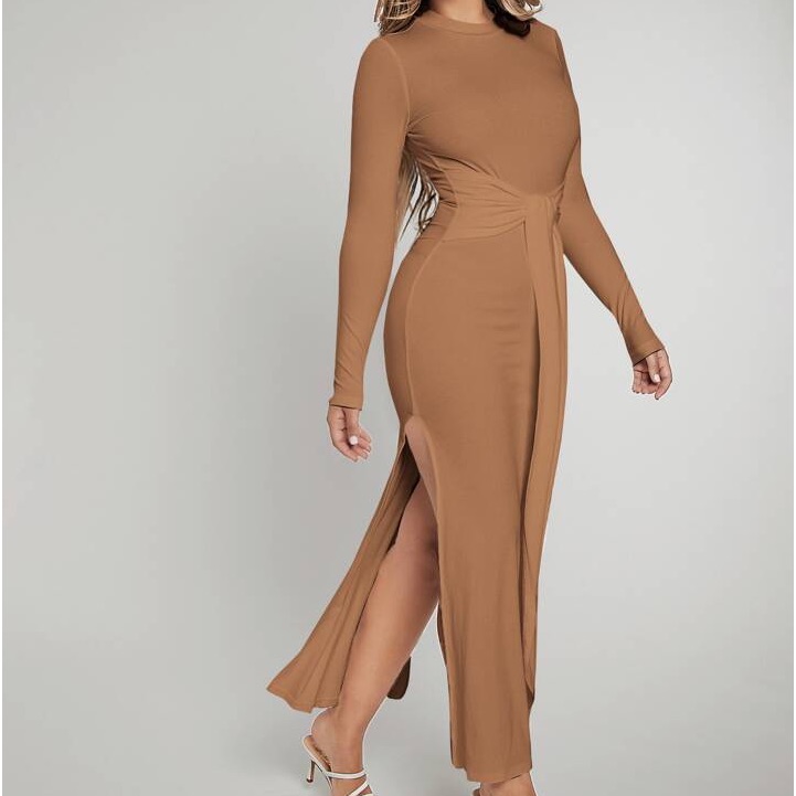 Solid Split Thigh Tie Front Dress